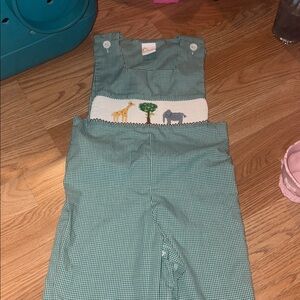 Smocked Giraffe Green Gingham Romper with Animal Embroidery